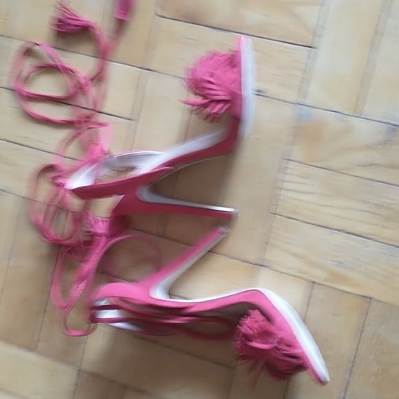 Red faux suede lace up heels with fringe. - Picture 3 of 4